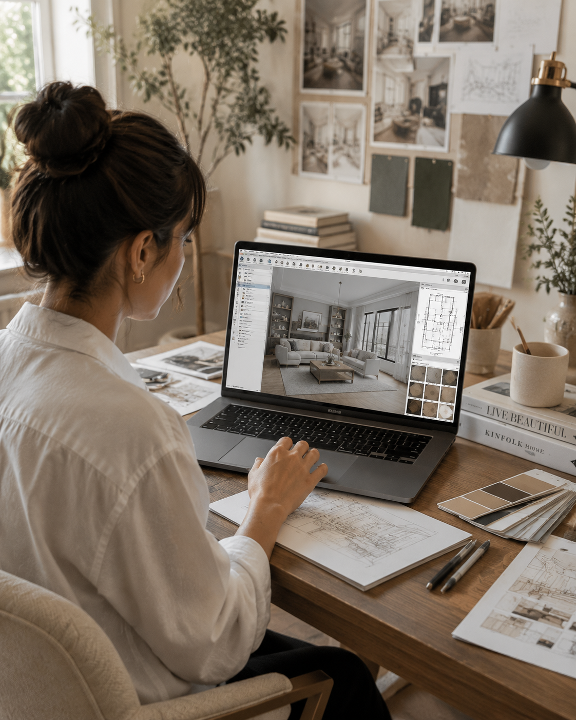 Interior designer working with material samples, mood boards and presentation drawings at The Kriya Collective studio