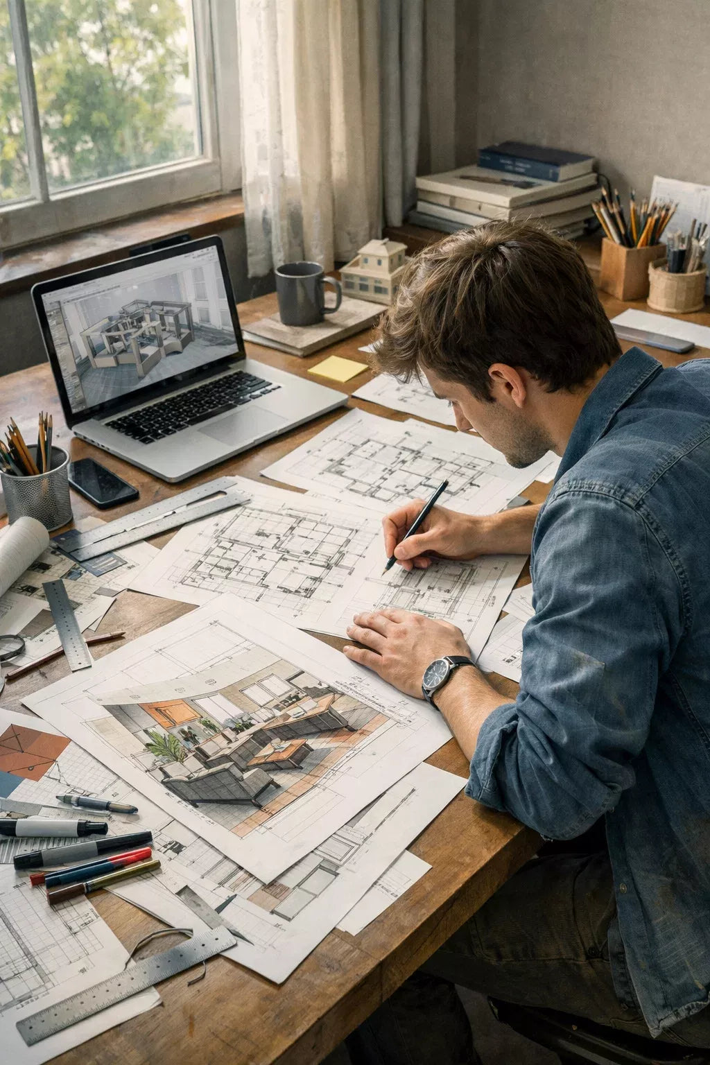 Architect reviewing detailed drawings, site plans and architectural models at The Kriya Collective